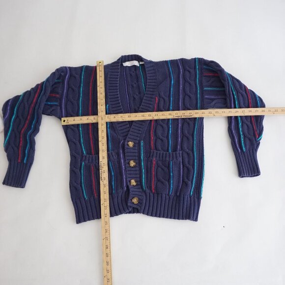 VTG Leo Chevalier Sport Navy Multicolor Stripe Cable Net 100% Cotton Cardigan M - Picture 1 of 9